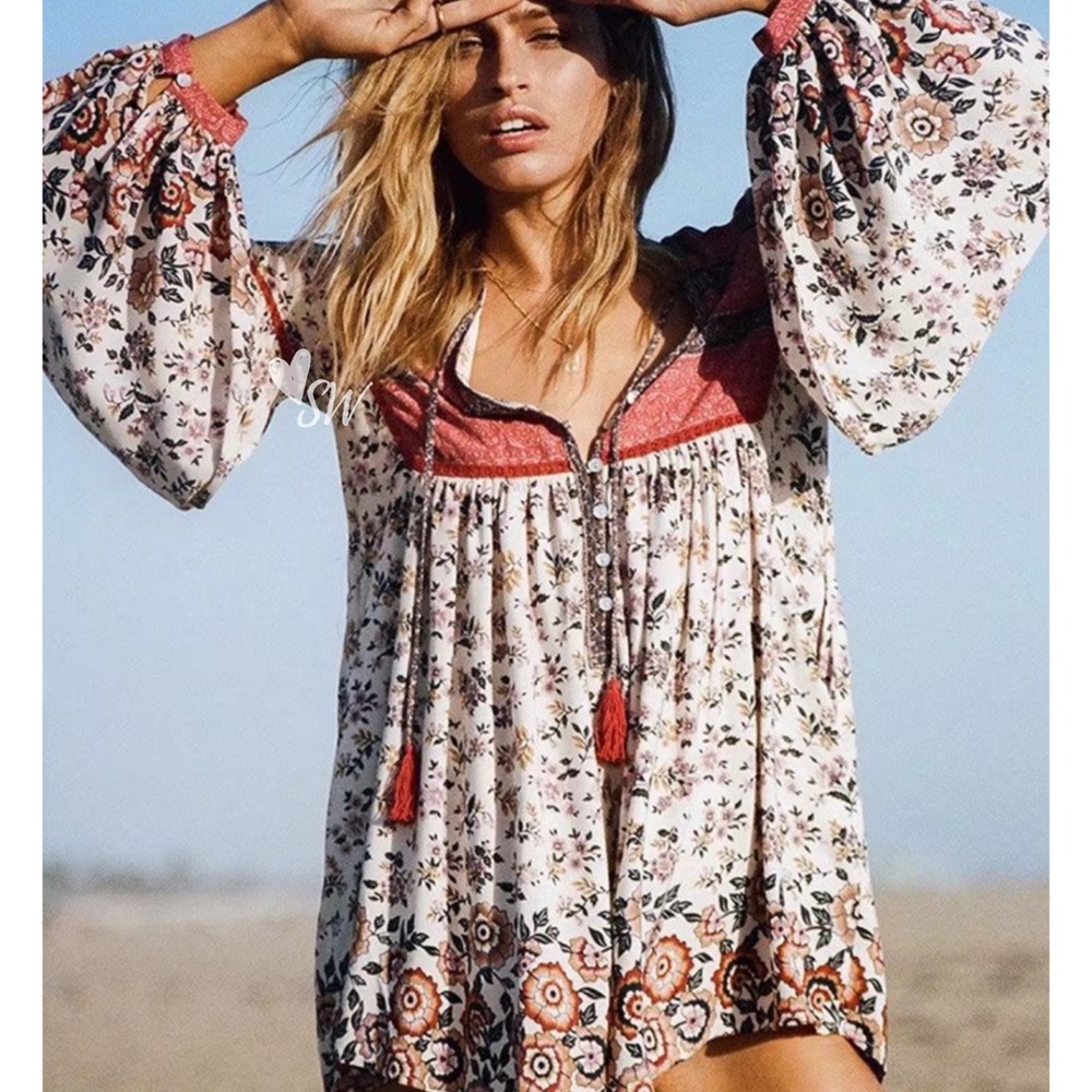 Boho Floral Vintage Gypsy Print 70’s Dress Red - Picture 4 of 13